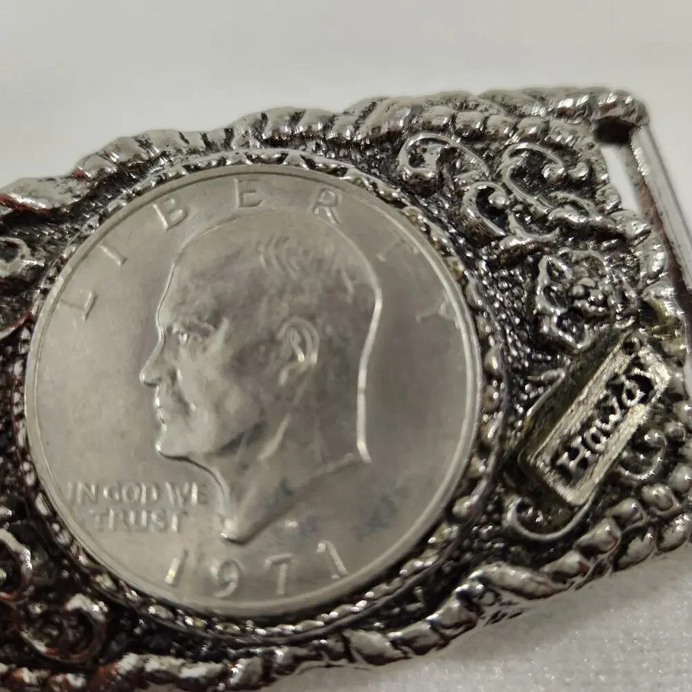 Howdy 1971 Eisenhower Dollar Coin Vintage Western 3.5x2 Belt Buckle